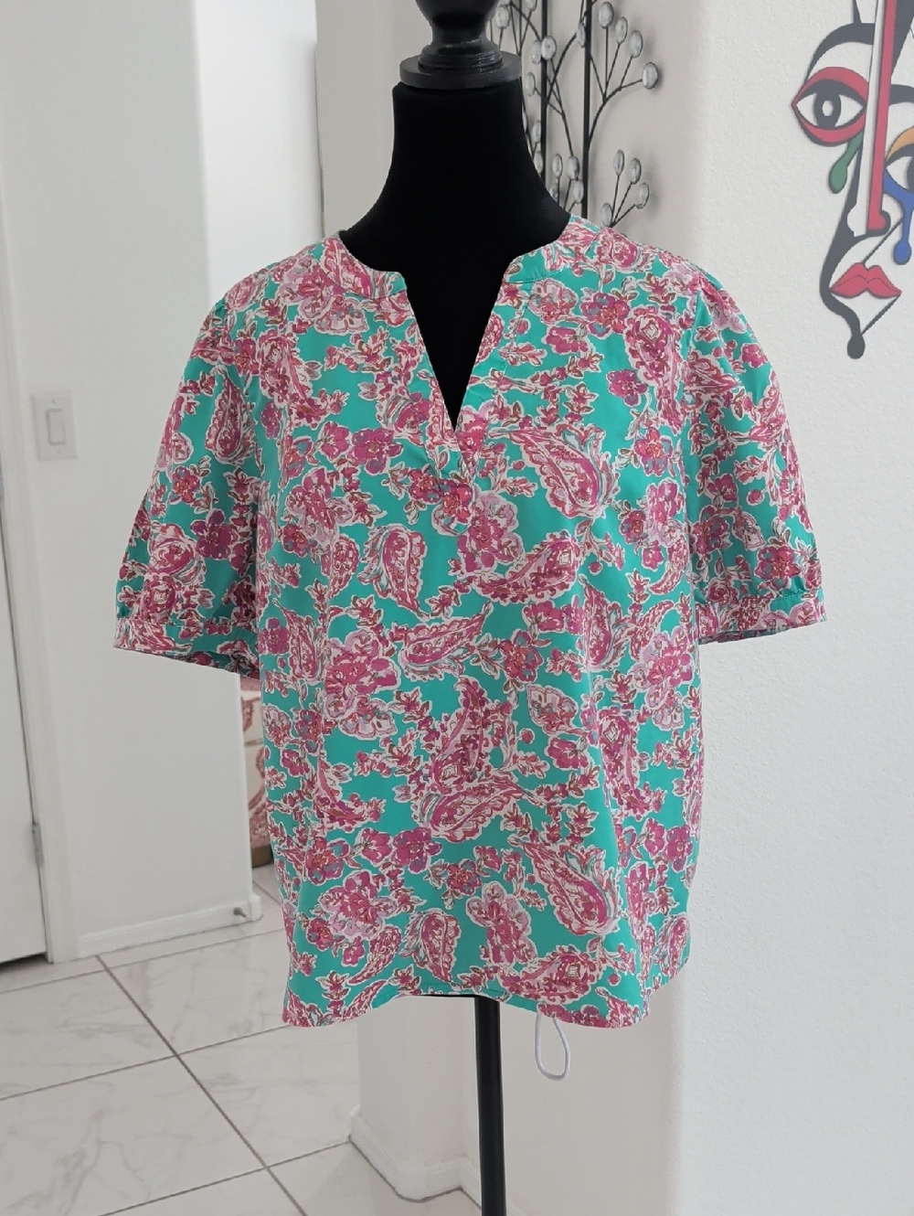 J. Crew Paisley & Floral Print Cotton Short Puff Sleeve Blouse Top L Teal Pink